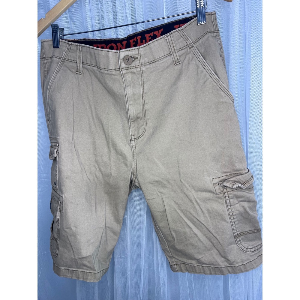 Iron Flex Mens Khaki Cargo Shorts Size 32 Tan Utility Flex Waistband Hiking Work